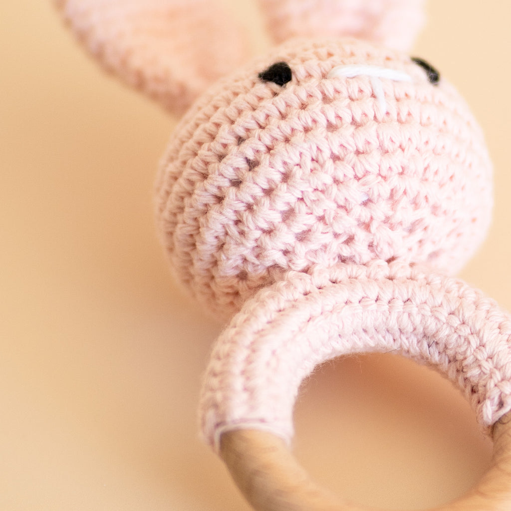 bunny rabbit baby rattle toy, close up view