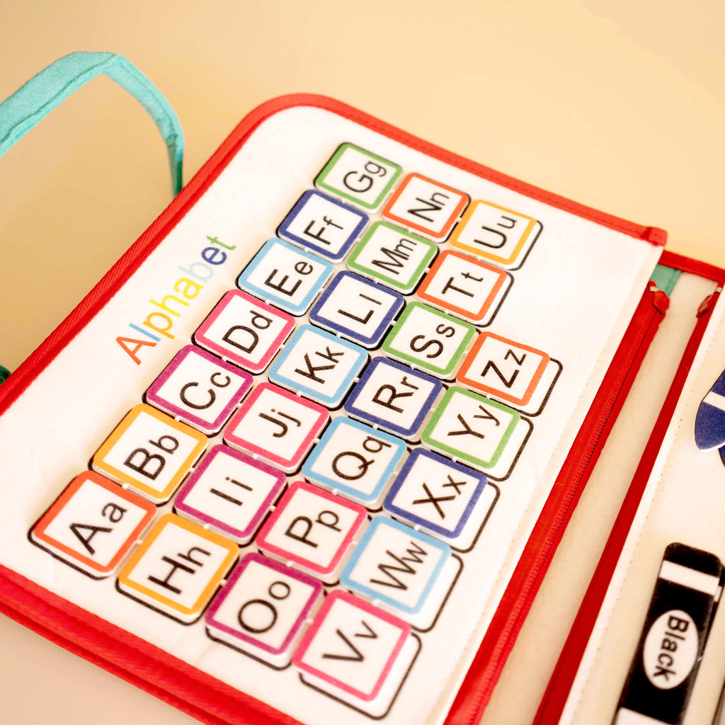 Busy book made from felt for toddlers, packed with fun kids activities, open view alphabet learning