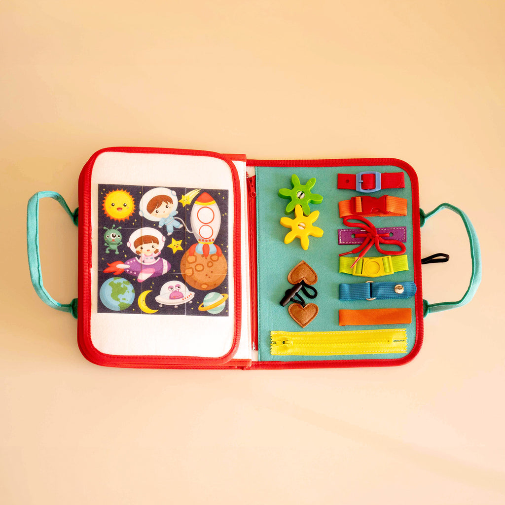 Busy book made from felt for toddlers, packed with fun kids activities, open view zippers and matching view