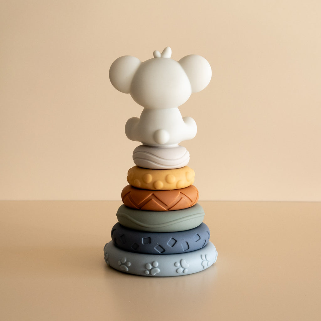 Toddler soft rubber stacking toy, featuring a koala, back view