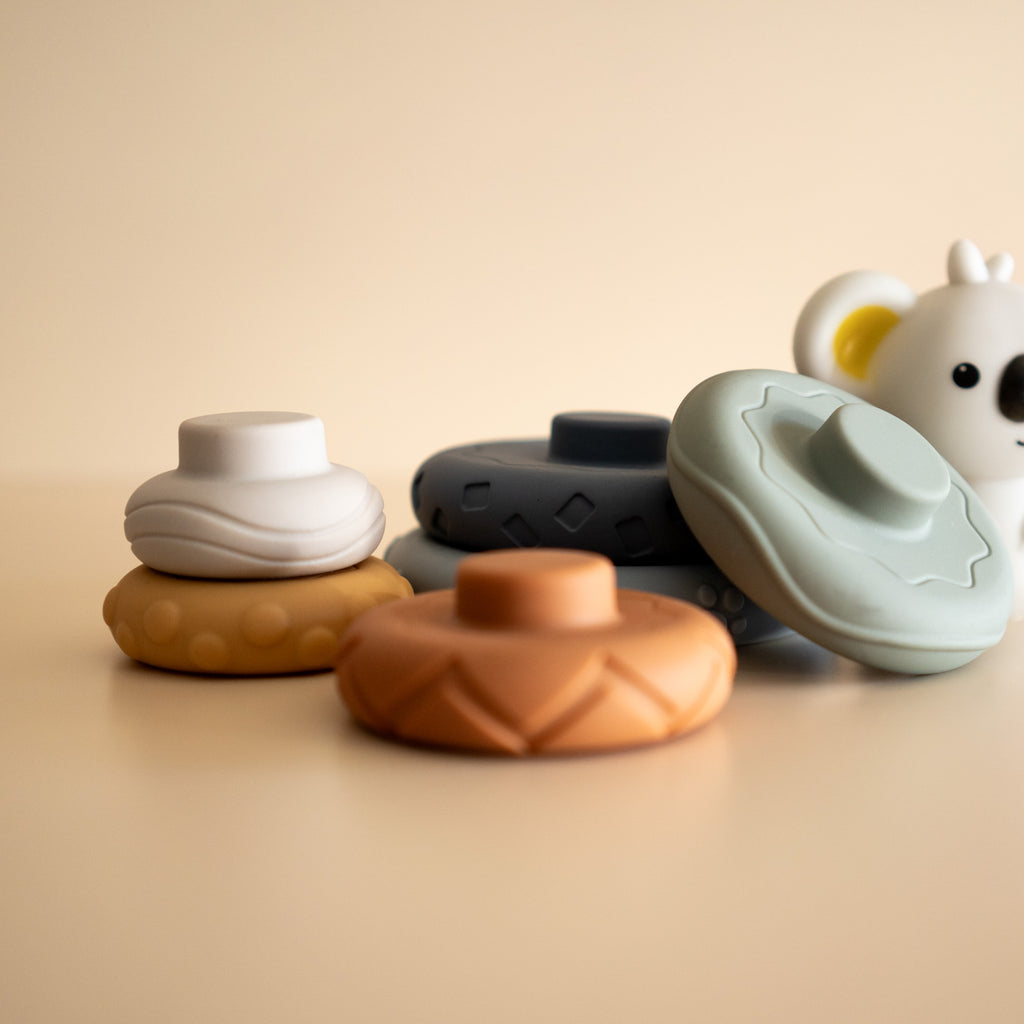 Toddler soft rubber stacking toy, featuring a koala, close up view alt