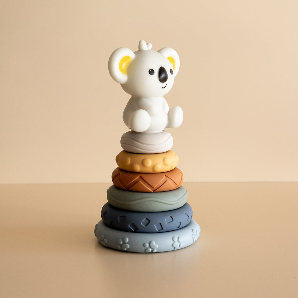 Toddler soft rubber stacking toy, featuring a koala, side view